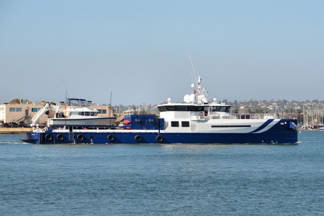 Photo of the OBERON Sea Axe support vessel from Amels leaving San Diego