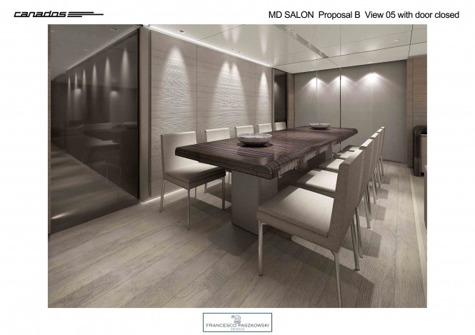 Luxury yacht CANADOS 120 Dining in grey wood Luxury yacht CANADOS 120 Dining in grey wood