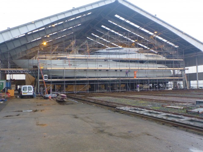 Motor yacht Light Blue under refit at Solent Refit Motor yacht Light Blue under refit at Solent Refit