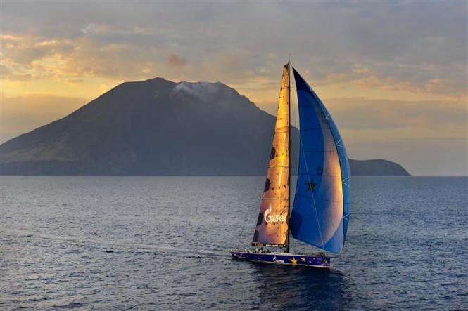 100ft maxi superyacht Esimit Europa 2 rounding Stromboli Photo Credit: Rolex/Kurt Arrigo 100ft maxi superyacht Esimit Europa 2 rounding Stromboli Photo Credit: Rolex/Kurt Arrigo