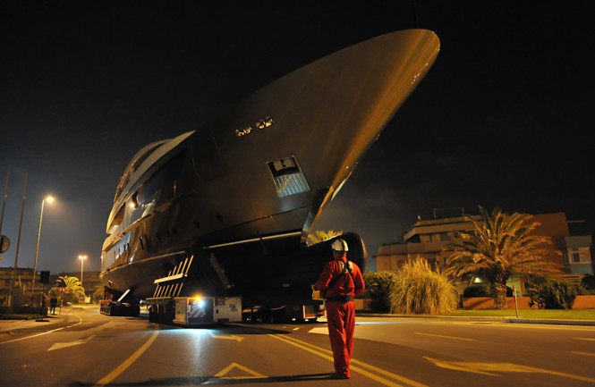 Night transportation of the 46m Sanlorenzo motor yacht ACHILLES for her launch