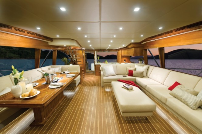 The 75 yacht can be customised to suit the owners' individual requirements this model features an aft galley and saloon with L-shaped lounge The 75 yacht can be customised to suit the owners' individual requirements this model features an aft galley and saloon with L-shaped lounge