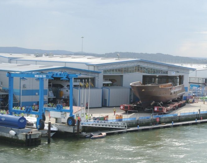 Sunseeker Yachts move the completed hull of the first Sunseeker 155 Yacht