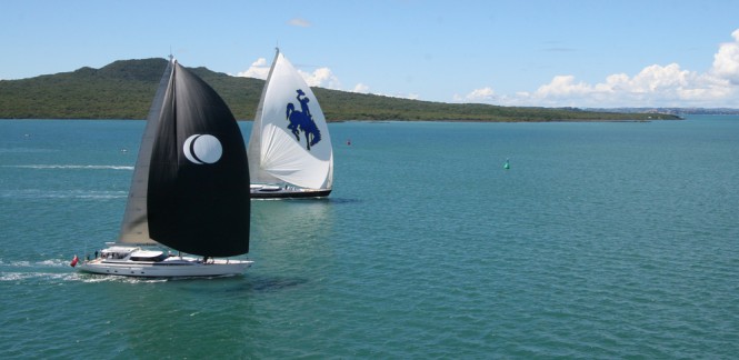 NZ Millennium Cup 2012: Day 1 - Sailing yacht Janice of Wyoming and Eclipse yacht battle it out while dormant volcano, Rangitoto, broods in the background. NZ Millennium Cup 2012: Day 1 - Sailing yacht Janice of Wyoming and Eclipse yacht battle it out while dormant volcano, Rangitoto, broods in the background.