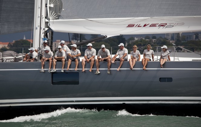 NZ Millennium Cup 2012: Day 2 - Last year's winner, Silvertip superyacht, looks right at home on the waters of the Hauraki Gulf. NZ Millennium Cup 2012: Day 2 - Last year's winner, Silvertip superyacht, looks right at home on the waters of the Hauraki Gulf.