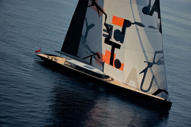 Vitters sailing yacht Aglaia with sail art by Magne Furuholmen