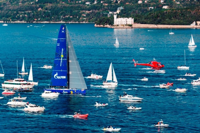Esimit Europa 2 superyacht aiming to establish the benchmark time for the passage record Trieste to Valletta