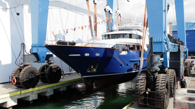 Fifth Delfino 93 superyacht Hull BD005 at launch Fifth Delfino 93 superyacht Hull BD005 at launch