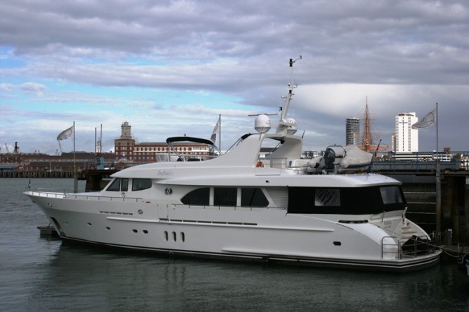 Moonen 94 motor yacht INFINITY arrives to Endeavour Quay for full refit