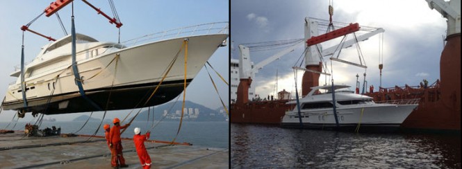 Bravo 88′ superyacht and Alpha 76′ Flybridge Express yacht by Cheoy Lee loaded and delivered to Palm Beach
