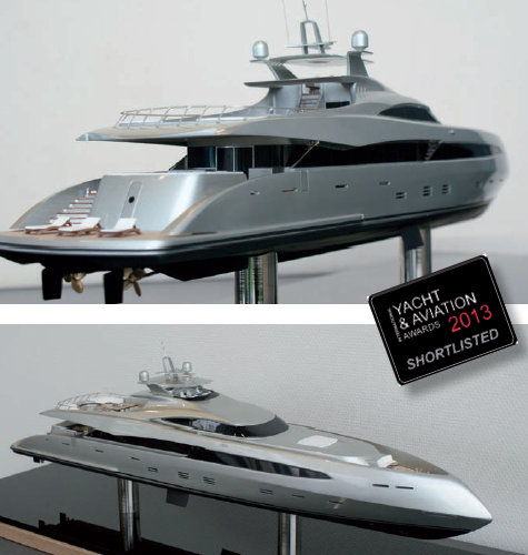 A scale model of the ER175 superyacht concept by Erdevicki and ICON Yachts on display at the 2012 MYS