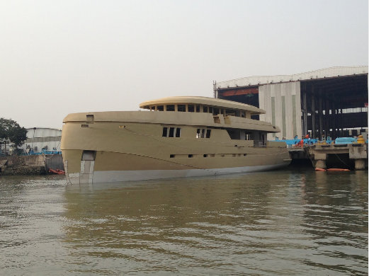 Hull of the 44m expedition yacht Green Voyager in water for the first time Hull of the 44m expedition yacht Green Voyager in water for the first time