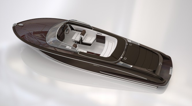Riva Iseo yacht tender on display at the foot of Mont Blanc