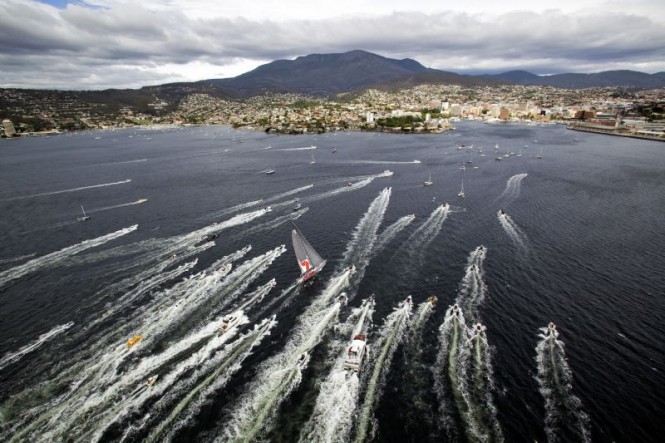 The first yacht to finish receives a royal welcome in Hobart - Photo credit Rolex Daniel Forster The first yacht to finish receives a royal welcome in Hobart - Photo credit Rolex Daniel Forster