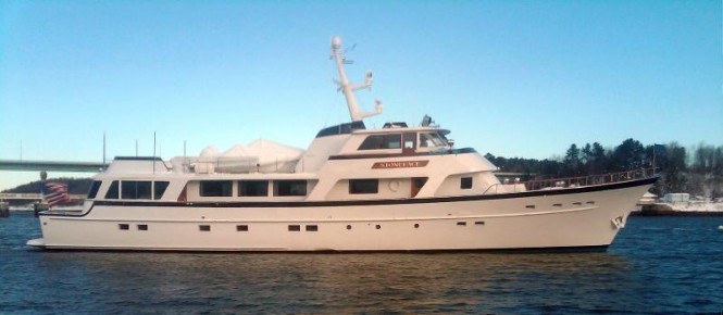 Burger Boat luxury yacht STONEFACE leaves Front Street Shipyard
