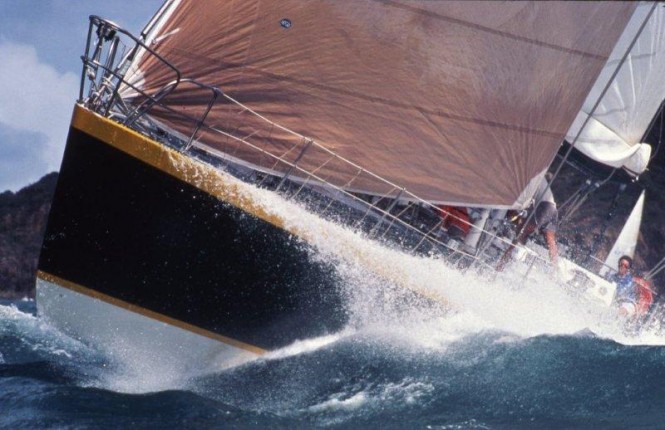 The leaping ‘Gherkin’: Jack Rooklyn’s maxi, Apollo, affectionately known as ‘The Gherkin’, bursts through a wave during the inaugural Hamilton Island Race Week in 1984. (Image: Sandy Peacock) The leaping ‘Gherkin’: Jack Rooklyn’s maxi, Apollo, affectionately known as ‘The Gherkin’, bursts through a wave during the inaugural Hamilton Island Race Week in 1984. (Image: Sandy Peacock)