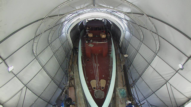 Fisheye image of the 40m Columbus Sport Hybrid Yacht in build at Columbus Yachts