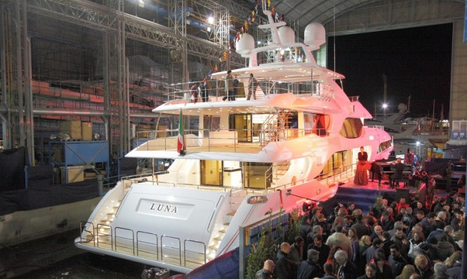 Luxury motor yacht Luna at launch - aft view Luxury motor yacht Luna at launch - aft view