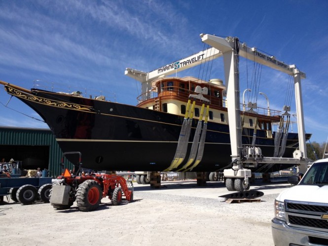 Newly refitted 122′ classic motor yacht ATLANTIDE leaves Front Street Shipyard