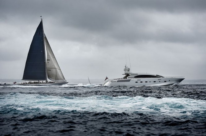 Charter yacht Ranger doing a practice start with Shooting Star Yacht watching Charter yacht Ranger doing a practice start with Shooting Star Yacht watching