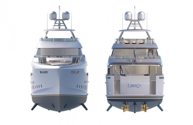Motor yacht Liberty design - front and aft views Motor yacht Liberty design - front and aft views