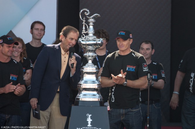 Bottom left: Opening Ceremony emcee Ted Robinson (left) and ORACLE TEAM USA skipper Jimmy Spithill talk about the America's Cup. Bottom left: Opening Ceremony emcee Ted Robinson (left) and ORACLE TEAM USA skipper Jimmy Spithill talk about the America's Cup.