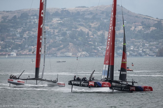 Emirates Team New Zealand leads Luna Rossa around the first reach mark in a race on July 28, won by the Kiwis Emirates Team New Zealand leads Luna Rossa around the first reach mark in a race on July 28, won by the Kiwis