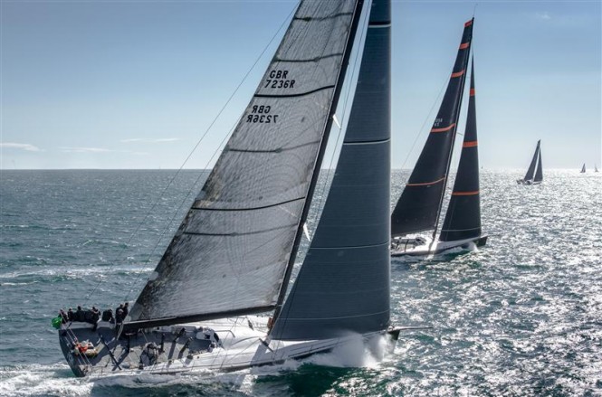 Luxury yacht Ran 2 in close pursuit of Bella Mente yacht after the race start Luxury yacht Ran 2 in close pursuit of Bella Mente yacht after the race start