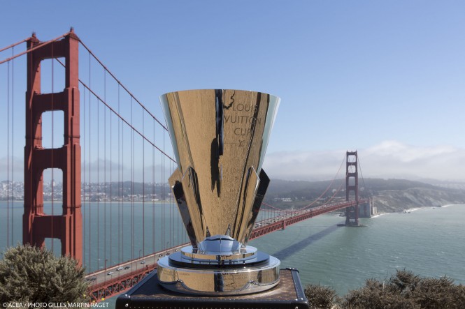 The Louis Vuitton Cup, contested since 1983, is framed by the Golden Gate Bridge The Louis Vuitton Cup, contested since 1983, is framed by the Golden Gate Bridge