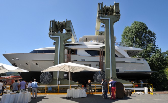 Luxury yacht Minu at launch - side view Luxury yacht Minu at launch - side view
