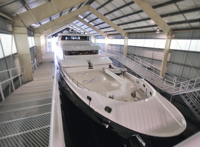 Superyacht Aurora docked in the boat house Superyacht Aurora docked in the boat house