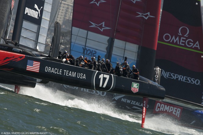 While the pendulum hangs in mid-balance, waiting to swing one way or the other, the performance of the AC72 continues to impress even the most hardened layman. Sailing upwind at speeds of 30 knots with closing speeds in excess of 70 knots has never been witnessed in the America’s Cup. While the pendulum hangs in mid-balance, waiting to swing one way or the other, the performance of the AC72 continues to impress even the most hardened layman. Sailing upwind at speeds of 30 knots with closing speeds in excess of 70 knots has never been witnessed in the America’s Cup.