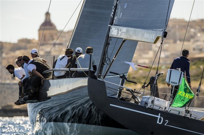 B2 Yacht approaching the finish line in Marsamxett Harbour B2 Yacht approaching the finish line in Marsamxett Harbour