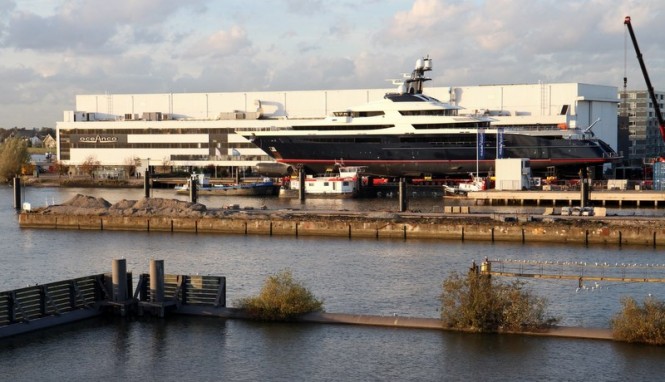 New photos of Oceanco mega yacht Project PA164 (Y709) leaving her shed