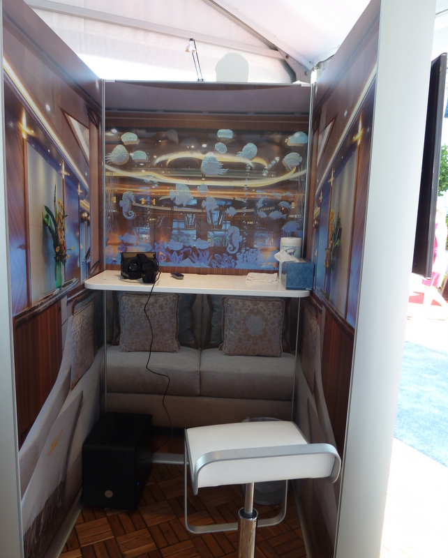 Virtual reality booth showing the interiors of Quattroelle Yacht introduced by Lurssen at FLIBS 2013 Virtual reality booth showing the interiors of Quattroelle Yacht introduced by Lurssen at FLIBS 2013