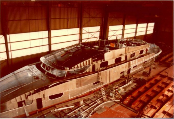 Images from construction of 1985 motor yacht CLEOPATRA C (ex My Gail III) with naval architecture by Diana Yacht Design