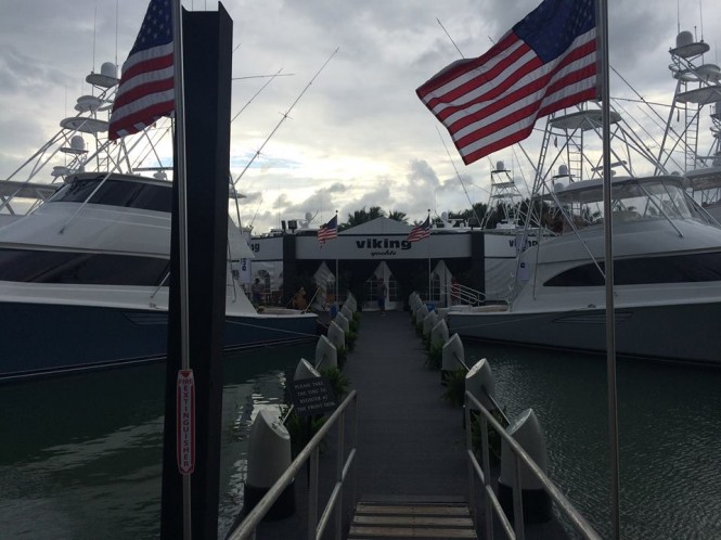 Viking 70 Enclosed Bridge Convertible Yacht on display at Miami Yacht & Brokerage Show