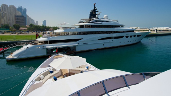 Lurssen mega yacht Quattroelle on display at the 2014 Dubai Boat Show Lurssen mega yacht Quattroelle on display at the 2014 Dubai Boat Show