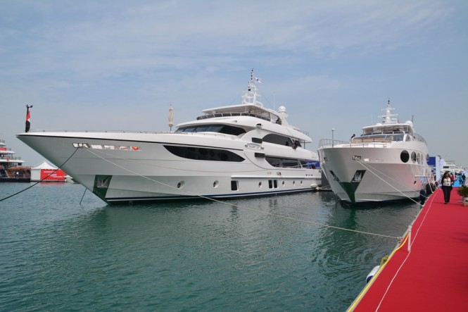 Majesty 135 superyacht and Majesty 105 Yacht on display at the Dubai International Boat Show Majesty 135 superyacht and Majesty 105 Yacht on display at the Dubai International Boat Show