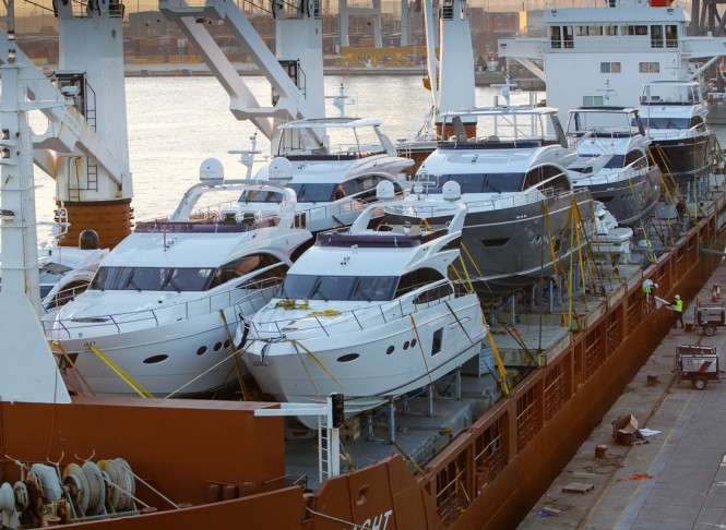 Eight Princess yachts being transported by Sevenstar Yacht Transport