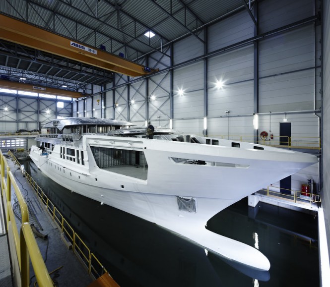 Hull and superstructure of 55m Heesen motor yacht AZAMANTA (YN 17255) joined together
