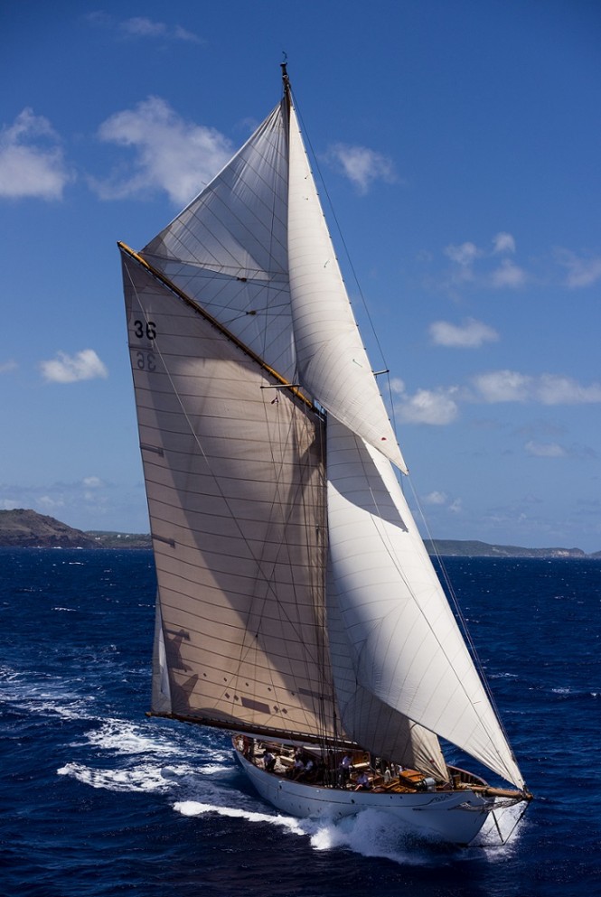 Thendara sailing in the Antigua Classic Yacht Regatta, Windward Race. Thendara sailing in the Antigua Classic Yacht Regatta, Windward Race.