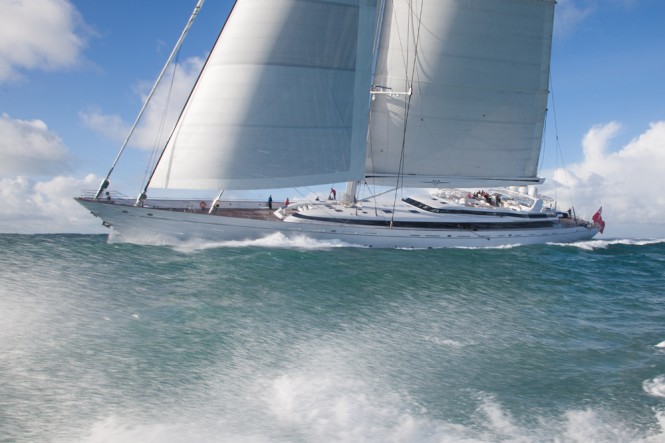 Remodelled sailing yacht M5 (ex Mirabella V) leaves Pendennis