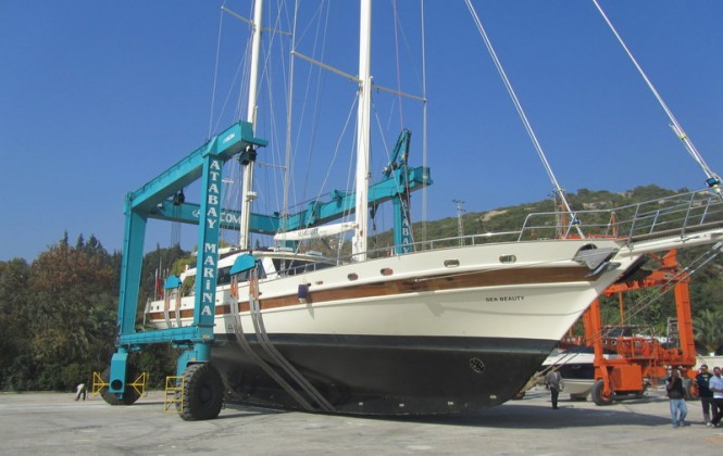 Motorsailer yacht SEA BEAUTY under refit at KRM Yacht