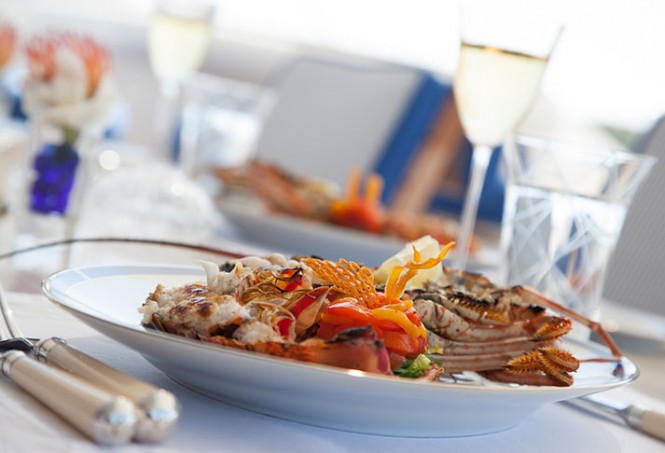 Dining on board STARFIRE charter yacht Dining on board STARFIRE charter yacht