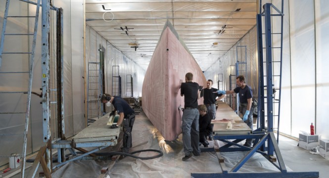 Hull of luxury yacht Swan 115-001 in build Hull of luxury yacht Swan 115-001 in build