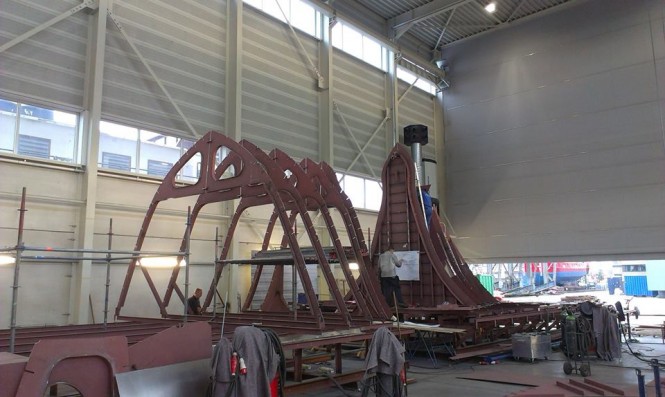 New bow section for superyacht Seven Sins under construction New bow section for superyacht Seven Sins under construction