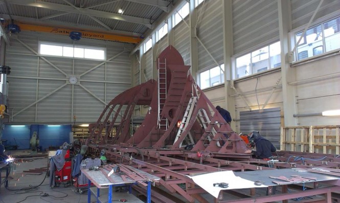 Photos from construction of new bow section for Heesen motor yacht SEVEN SINS at Balk Shipyard