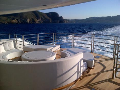 Exterior spaces on board motor yacht THUMPER are bespoke, will all seat mouldings being redesigned for her discerning Sunseeker Owner Exterior spaces on board motor yacht THUMPER are bespoke, will all seat mouldings being redesigned for her discerning Sunseeker Owner