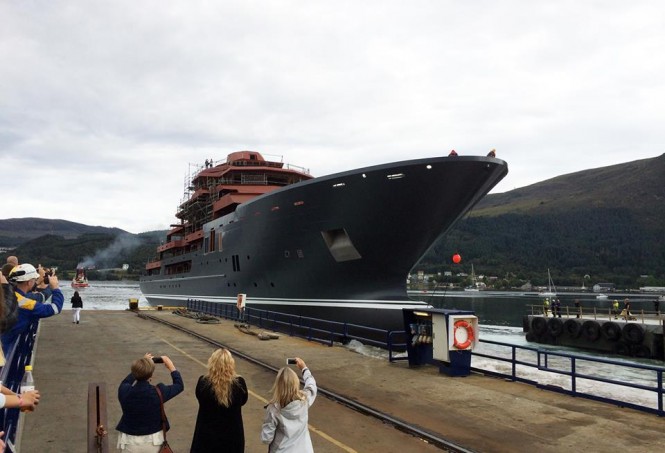 107m Kleven yacht support vessel build no. 366 hitting the water